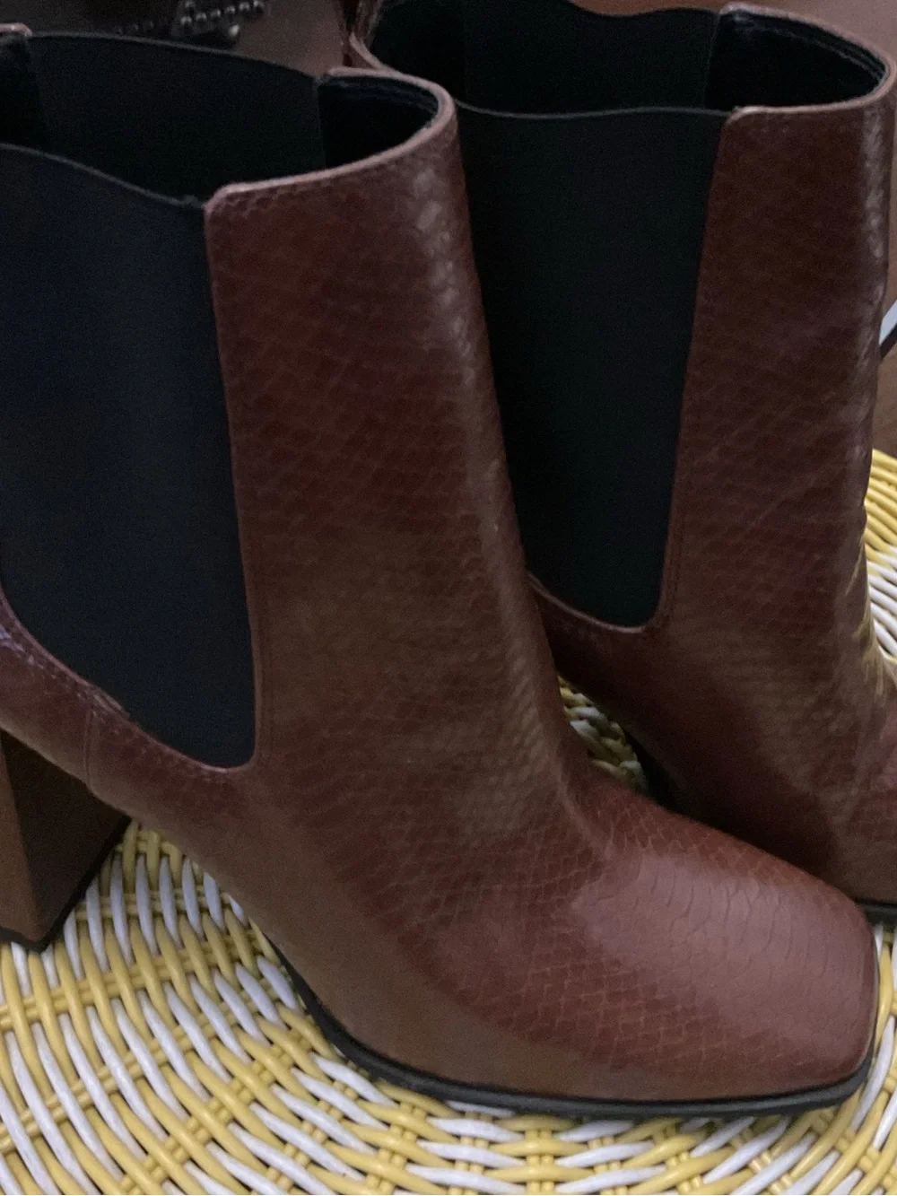 Women's Brown Leather Chelsea Boot with Textured Finish block heel